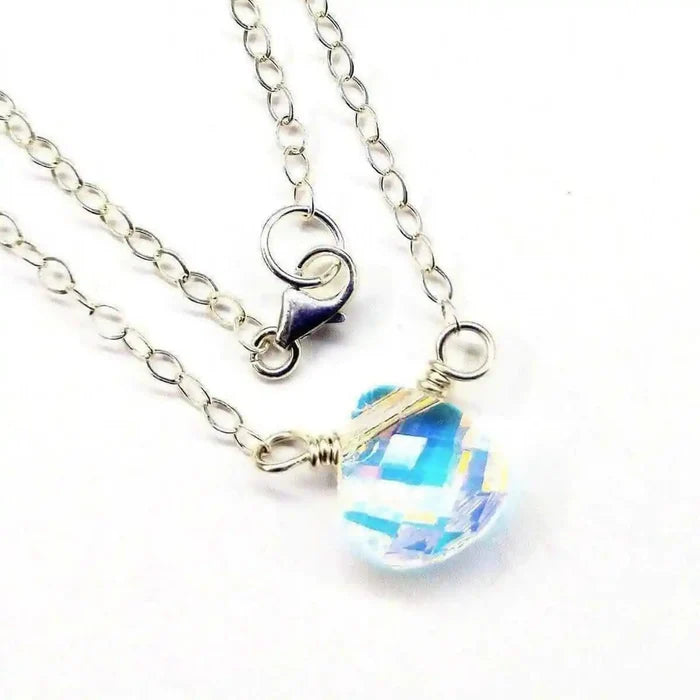 Sterling Silver Wire Wrapped Crystal Briolette Drop Necklace featuring a Swarovski Crystal AB briolette pendant.