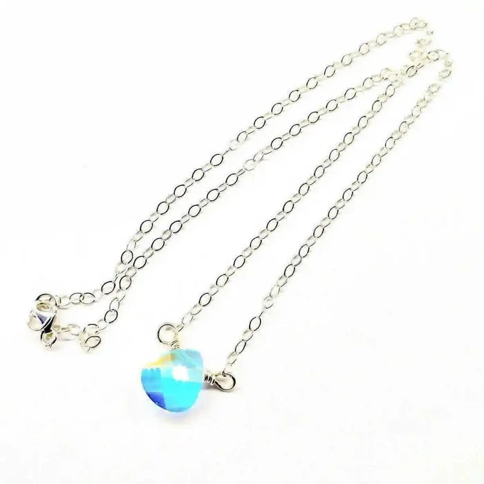Sterling Silver Wire Wrapped Crystal Briolette Drop Necklace featuring an 11mm Swarovski Crystal AB drop pendant.