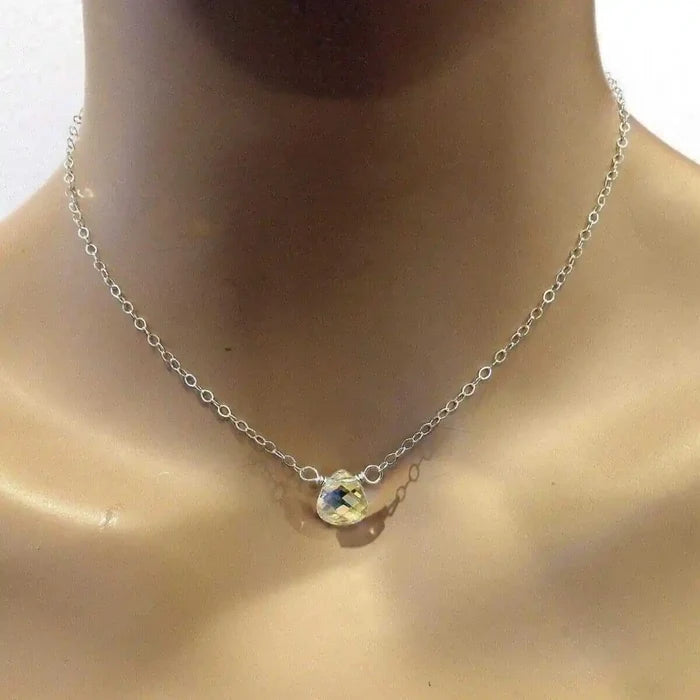 Sterling Silver Wire Wrapped Crystal Briolette Drop Necklace displayed on a mannequin.