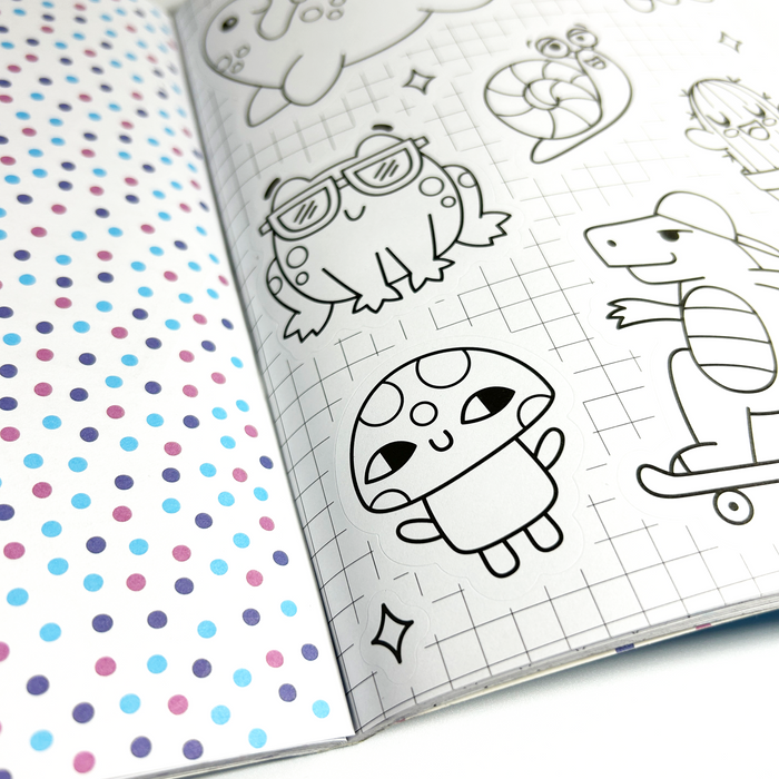 Close up of uncolored mushroom from Stickiville Color-In’ Sticker Book: Cute-A-Licious Doodles
