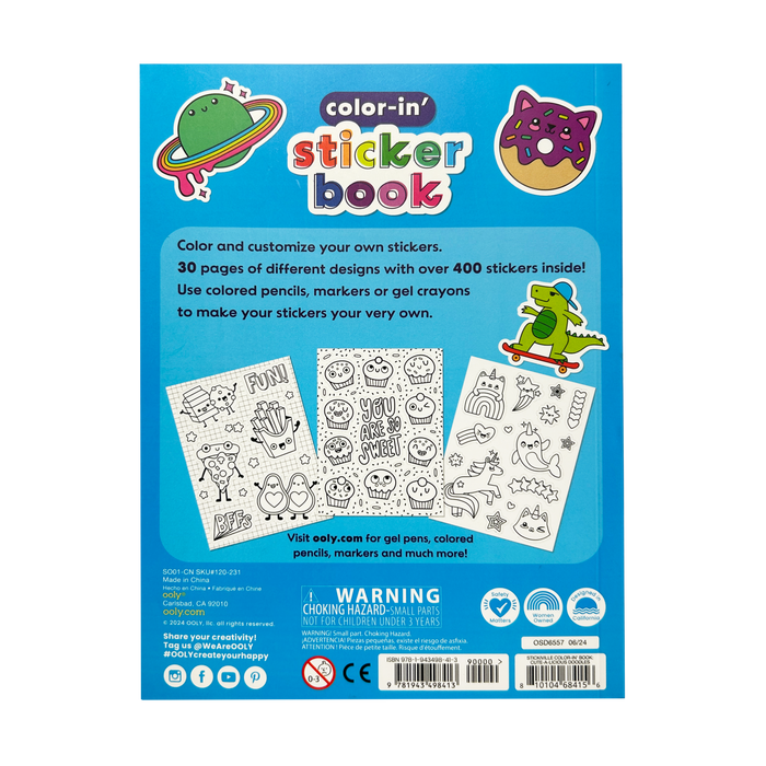 Back cover of Stickiville Color-In’ Sticker Book: Cute-A-Licious Doodles