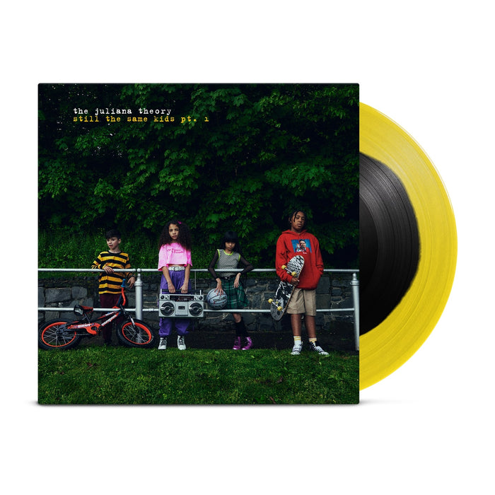 Vinyl jacket with an image of four kids leaning against a railing and holding helmets, skateboards, bikes, and a boombox. There is small text in the top left corner that says THE JULIANA THEORY. Under that there is yellow text that says STILL THE SAME KIDS PT. 1. Peeking out of the side is a black and yellow vinyl.