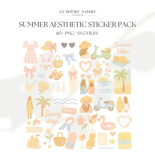 Summer Aesthetic Sticker Pack | 60+ PNG & SVG Files | Pastel Digital Clipart with Master Resell Rights