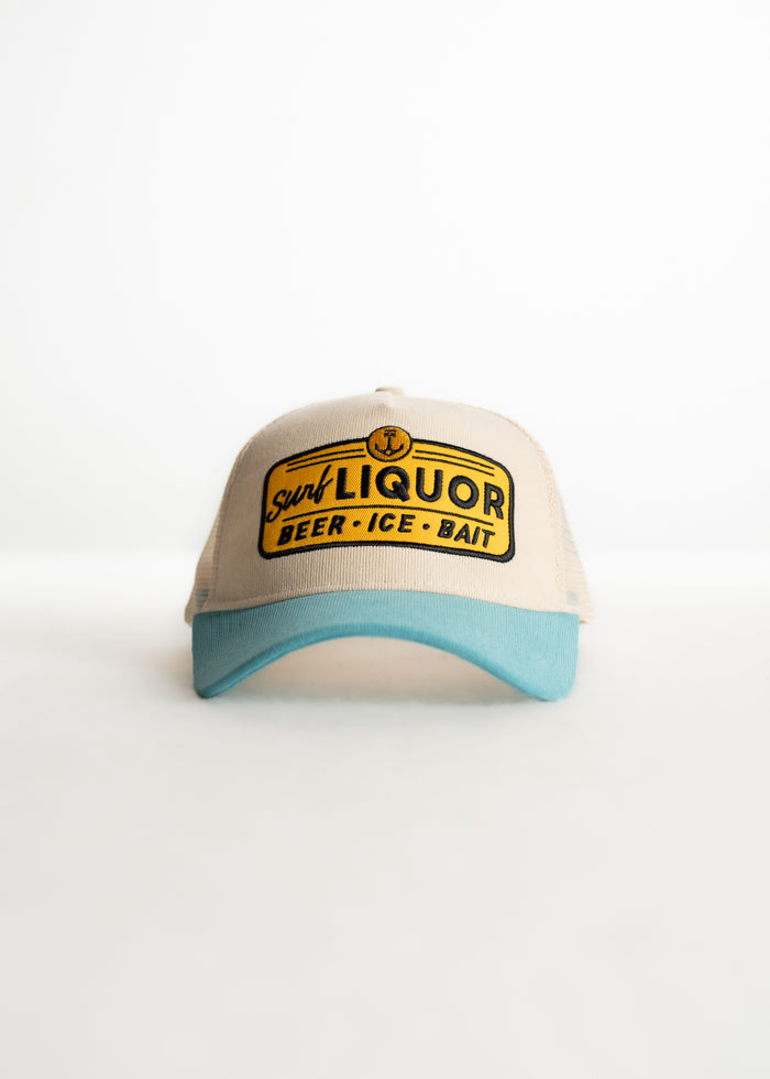 Beige cap with blue brim featuring "Surf Liquor Beer Ice Bait" logo in bold yellow and black, centered on a white background.