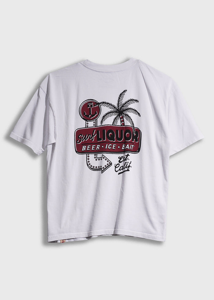 White T-shirt with "Surf Liquor" graphic, featuring palm tree and anchor, reads "Beer, Ice, Bait, Est. Calif." in red and black.