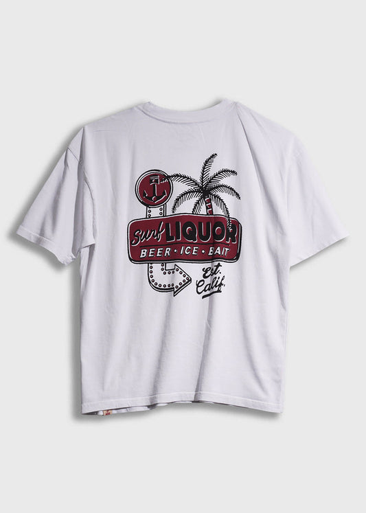 White T-shirt with "Surf Liquor" graphic, featuring palm tree and anchor, reads "Beer, Ice, Bait, Est. Calif." in red and black.