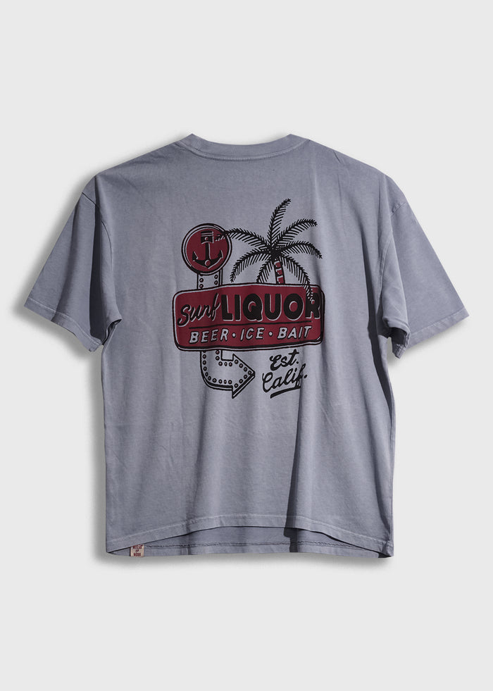 Gray T-shirt with a retro "Surf Liquor" logo featuring a palm tree and anchor, advertising beer, ice, and bait. California style.