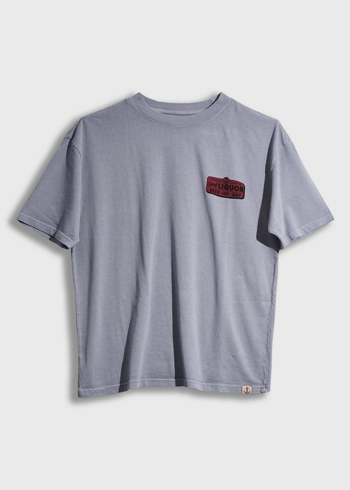 Gray T-shirt with a red "Liquor" logo on the chest, displayed against a plain white background. Simple and casual design.