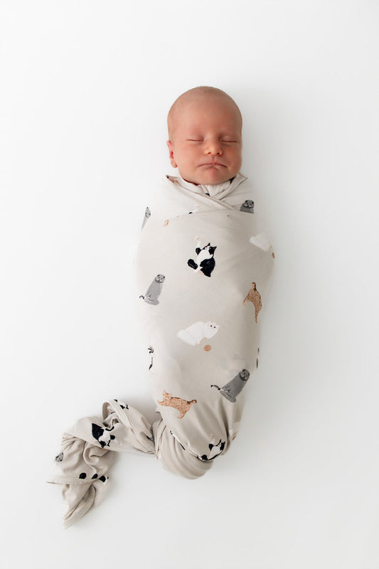 Sleeping newborn swaddled in the Swaddle Blanket in Fluffy Cat