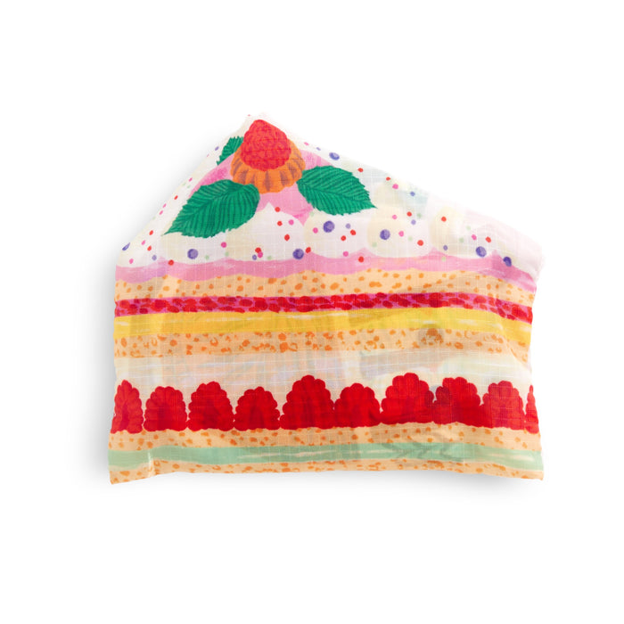 The Emily Taylor Sweet Confections Packable Nylon Tote Bag features a colorful print with red, yellow, and pink stripes, green leaves, and raspberries on white—crafted from eco-friendly materials and easily folds for convenience.
