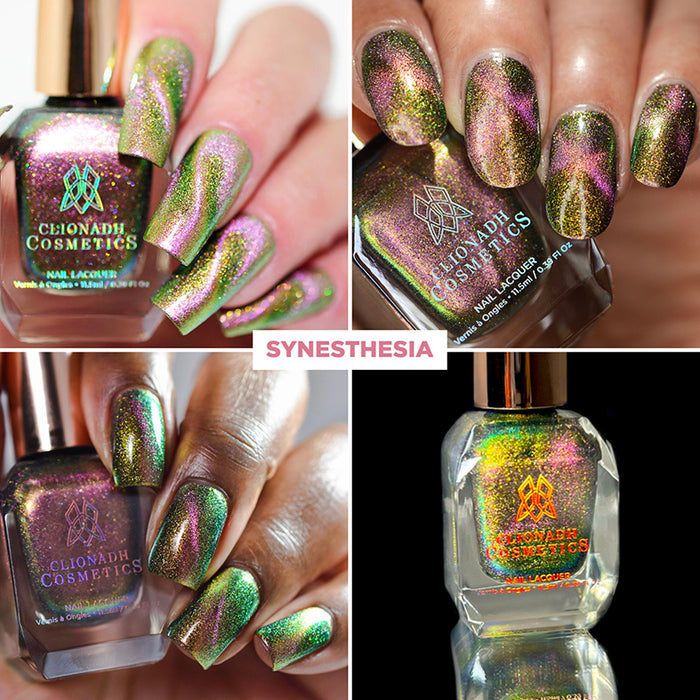 Collage of nails done with Synesthesia nail lacquer done on fair, medium and deep skin tones and a close up image of the nail lacquer bottle.