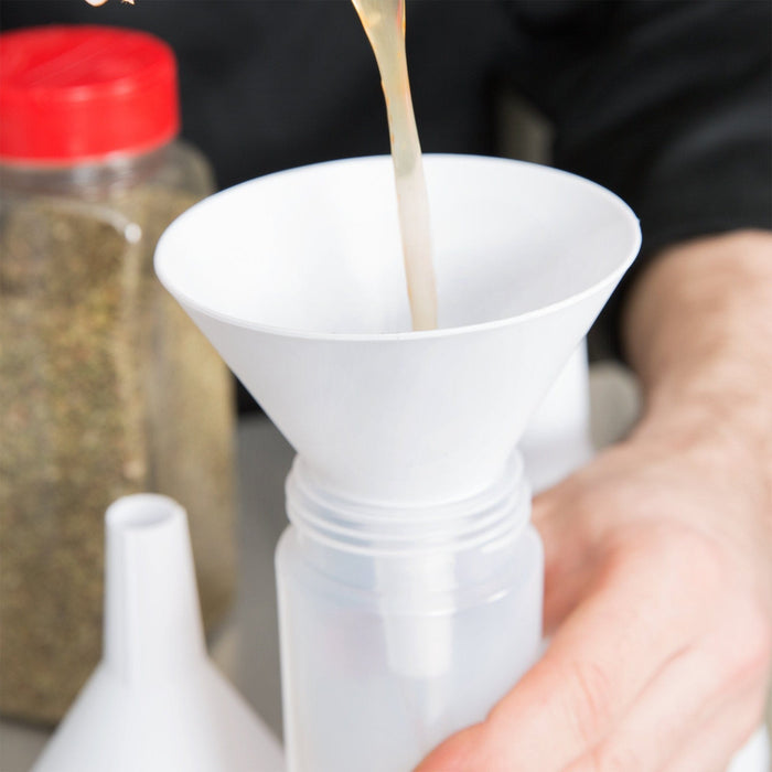 Tablecraft  5-Piece White Plastic Funnel Set This Tablecraft 5 white plastic funnel set is a necessity for any kitchen or restaurant-TABL-5 Hannah's Variety Store