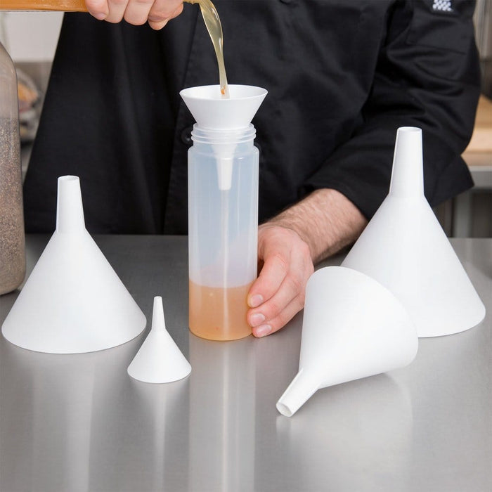 Tablecraft  5-Piece White Plastic Funnel Set This Tablecraft 5 white plastic funnel set is a necessity for any kitchen or restaurant-TABL-5 Hannah's Variety Store
