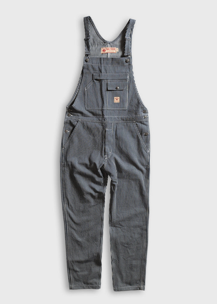 Blue and white striped overalls with front pockets and adjustable straps, displayed on a light background.