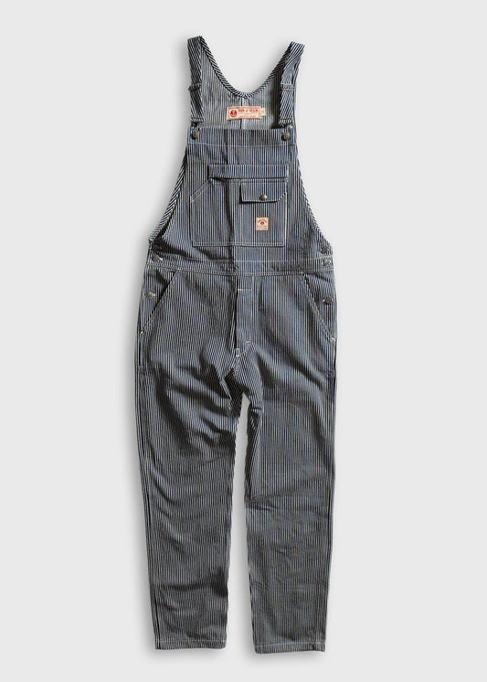 Blue and white striped overalls with front pockets and adjustable straps, displayed on a light background.