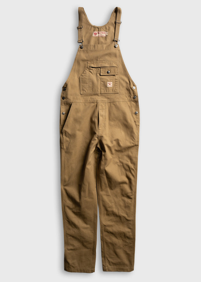 Brown work overalls with adjustable straps and front pocket, displayed on a white background. Durable and practical design.