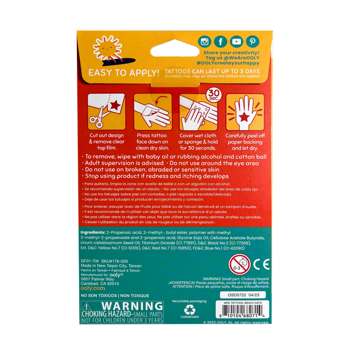 Beach Days Mini Tattoo Palooza Temporary Tattoos back of packaging