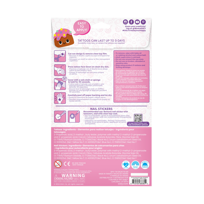Back of packaging of OOLY Tattoo-Palooza Temporary Tattoos & Nail Stickers - Sweet Shop
