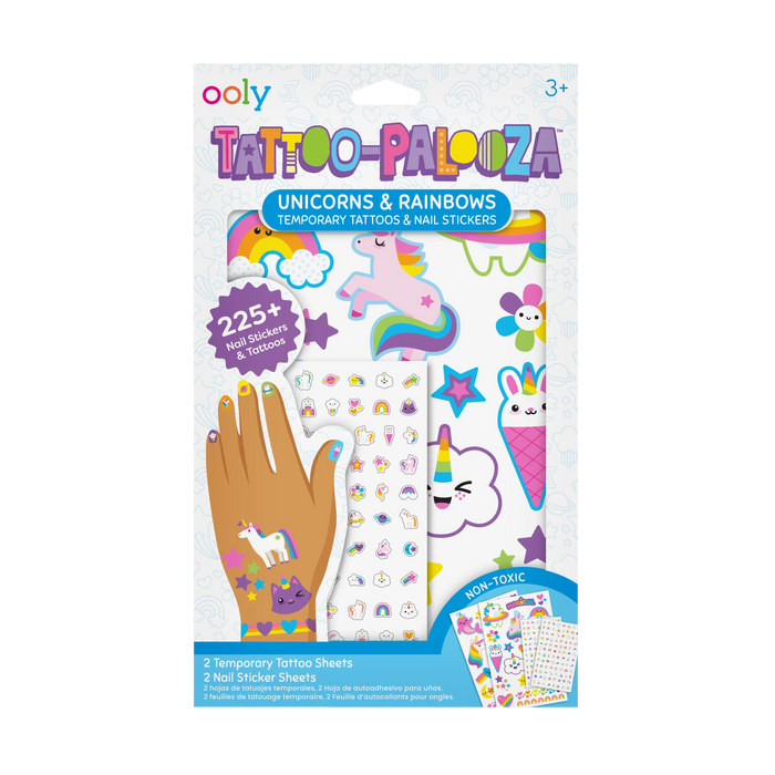 Packaging front of OOLY Tattoo-Palooza Temporary Tattoos & Nail Stickers - Unicorns & Rainbows