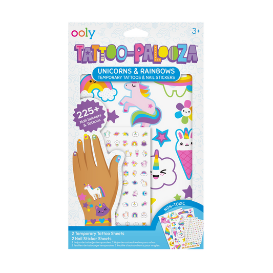 Packaging front of OOLY Tattoo-Palooza Temporary Tattoos & Nail Stickers - Unicorns & Rainbows
