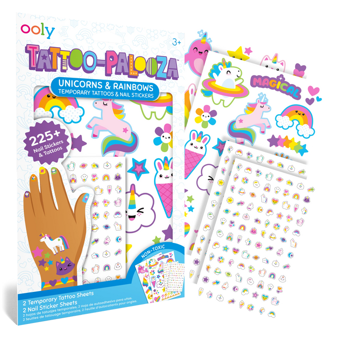 Packaging and sticker sheets from OOLY Tattoo-Palooza Temporary Tattoos & Nail Stickers - Unicorns & Rainbows