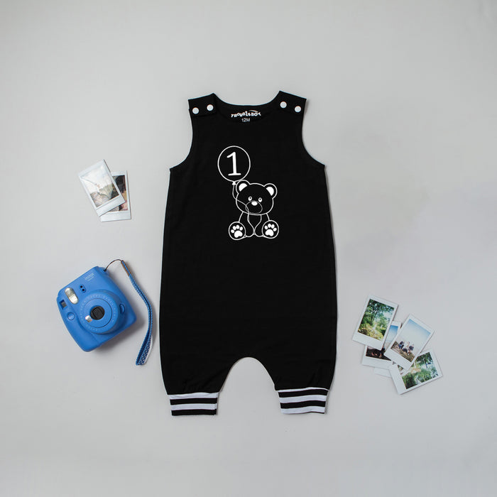 Teddy Bear First Birthday Romper with Striped Cuff