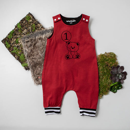 Teddy Bear Themed 1st Birthday Romper with Striped Cuff