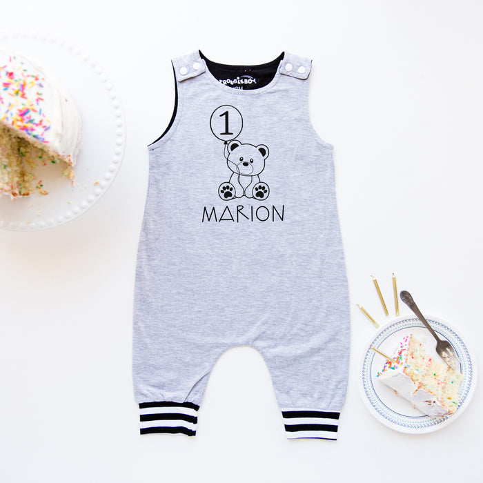 Teddy Bear Themed 1st Birthday Romper with Striped Cuff