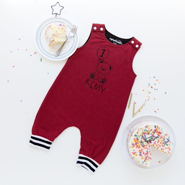 Teddy Bear Themed 1st Birthday Romper with Striped Cuff