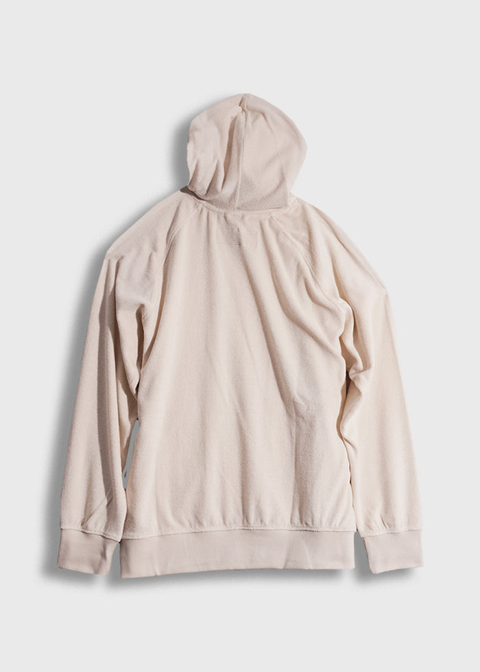Beige hoodie laid flat on a white background, showing the back with a hood and long sleeves, highlighting its simple design.