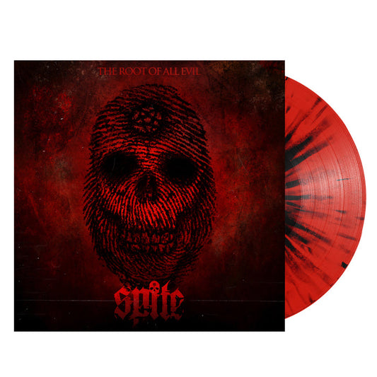 Red vinyl with black splatter. The jacket of the vinyl Is dark red with hazy black shadows. The center of the jacket has a skull that is drawn in a fingerprint looking pattern. The forehead of the skull has a pentagram. The eyes are black holes. The skull is grinning. The top of the jacket has the text "THE ROOT OF ALL EVIL". The bottom has the text "Spite" with a skull over the "I".