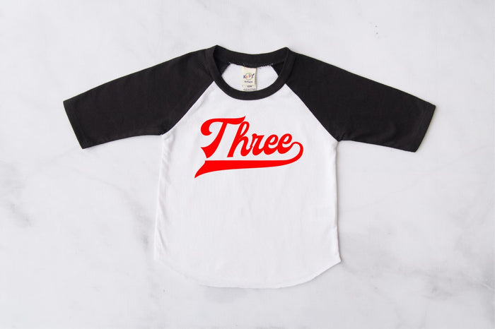"Three" Red Vinyl 3rd Birthday Baseball Raglan