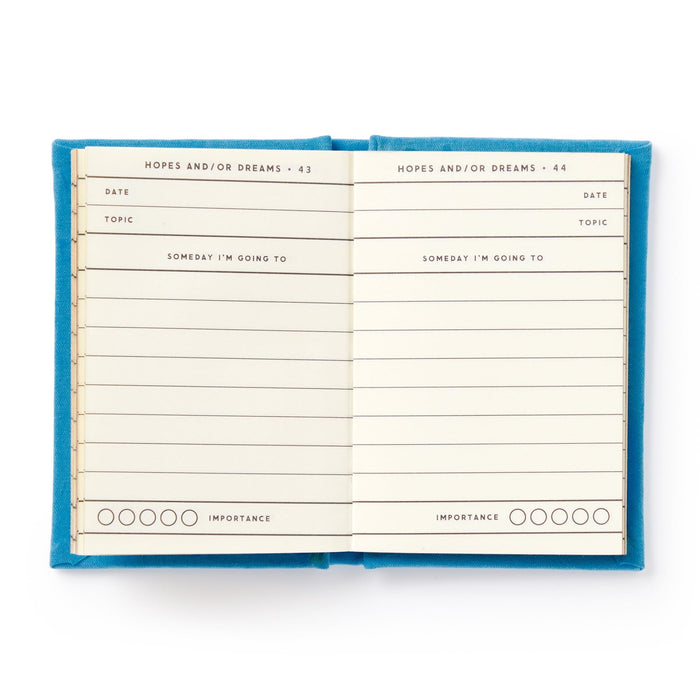 The Brass Monkey Tiny Hopes and Dreams Tiny Diary features gilded-edge pages divided into Hopes and/or Dreams, each entry with a date, topic, “Someday I’m going to” prompt, and Importance rating circles at the bottom.