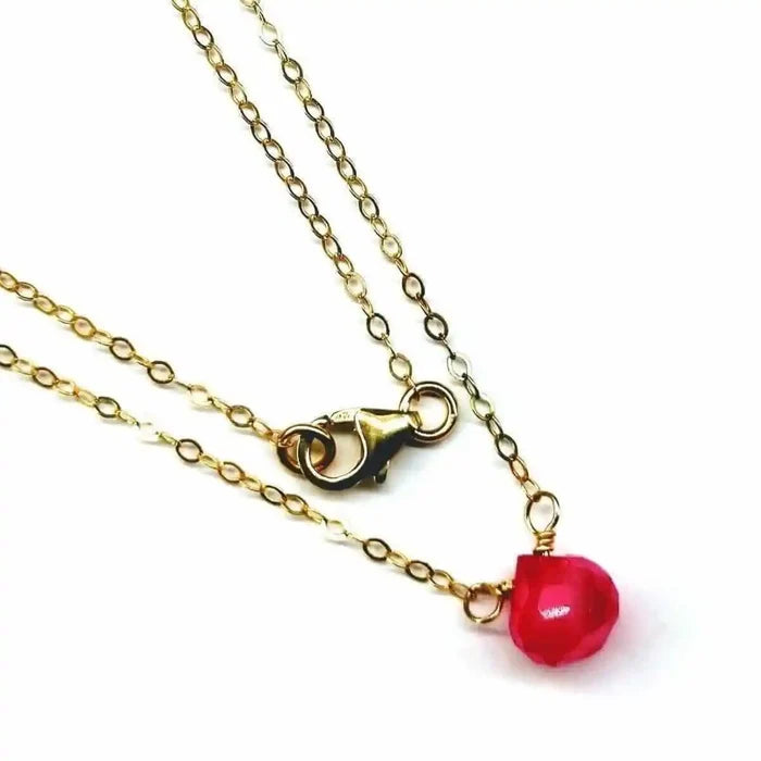 Tiny Hot Pink Chalcedony Gold Filled Necklace featuring a hot pink faceted chalcedony drop on a gold chain