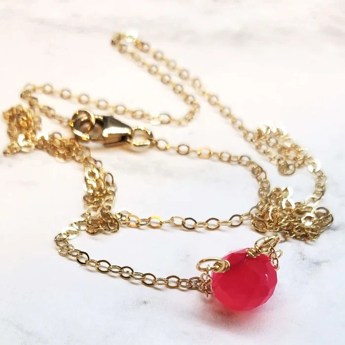 Tiny Hot Pink Chalcedony Gold Filled Necklace featuring a bright pink faceted drop on a delicate gold chain.