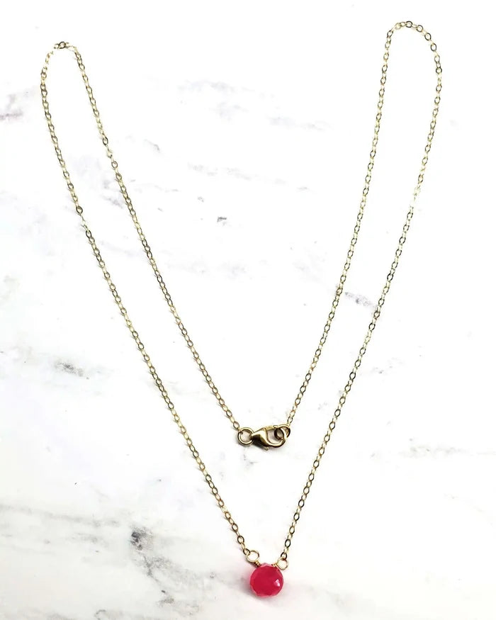 Tiny Hot Pink Chalcedony Gold Filled Necklace featuring a bright faceted chalcedony drop and gold-filled chain.