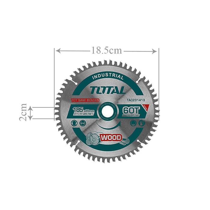 Total 60T TCT Wood Saw Blade Industrial 185mm X 20mm (7 1/4" X 25/32") TAC231413 ebuystt