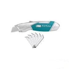 Total's Heavy Duty Utility Knife with Rubber Grip, 3-Position Retractable Locking Blade with 5 (61mm x 19mm) Replaceable Blades, Durable Zinc Alloy Construction. Ideal for Box Cutting, Arts and Crafts, Cutting Carpet, Drywall, Vinyl, and More - TG5126101 TOTAL