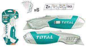 Total's Heavy Duty Utility Knife with Rubber Grip, 3-Position Retractable Locking Blade with 5 (61mm x 19mm) Replaceable Blades, Durable Zinc Alloy Construction. Ideal for Box Cutting, Arts and Crafts, Cutting Carpet, Drywall, Vinyl, and More - TG5126101 TOTAL
