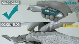 Total's Heavy Duty Utility Knife with Rubber Grip, 3-Position Retractable Locking Blade with 5 (61mm x 19mm) Replaceable Blades, Durable Zinc Alloy Construction. Ideal for Box Cutting, Arts and Crafts, Cutting Carpet, Drywall, Vinyl, and More - TG5126101 TOTAL