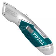 Total's Heavy Duty Utility Knife with Rubber Grip, 3-Position Retractable Locking Blade with 5 (61mm x 19mm) Replaceable Blades, Durable Zinc Alloy Construction. Ideal for Box Cutting, Arts and Crafts, Cutting Carpet, Drywall, Vinyl, and More - TG5126101 TOTAL
