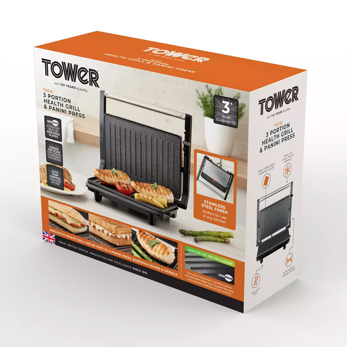 Tower 750W 3 Portion Health Grill & Panini Press with Non-stick Cerastone Coating - Stainless Steel | T27038 from Tower - DID Electrical
