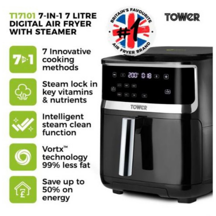 Tower Vortx 1700W 7L Steam Air Fryer - Black | T17101 from Tower - DID Electrical