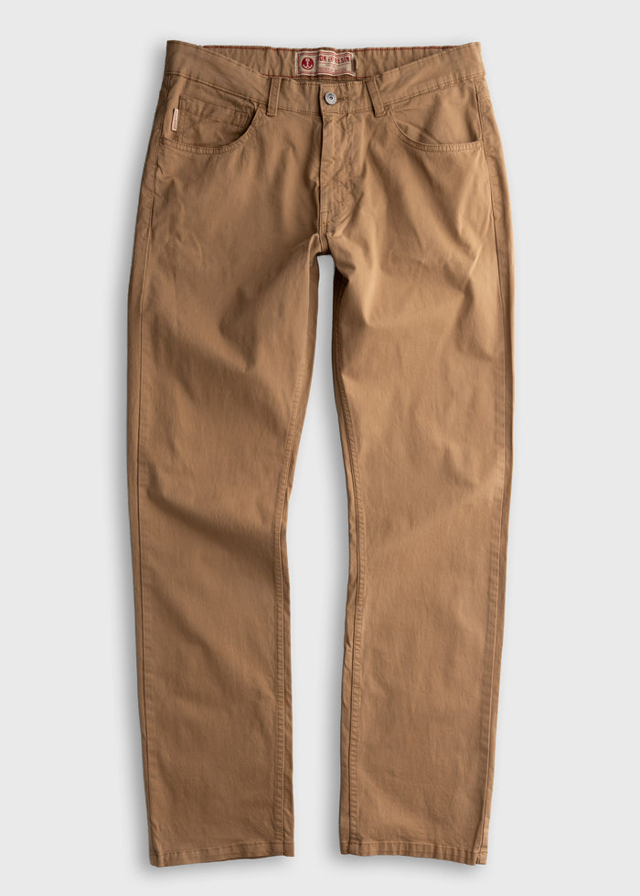 Tan khaki pants with button closure and pockets, laid flat on a white background, showcasing casual style and design details.
