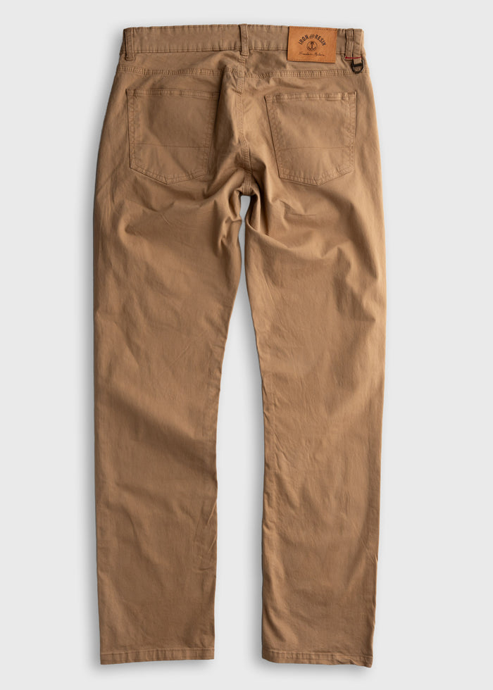 Khaki pants with back pockets and a leather patch on the waistband, displayed flat on a white background.