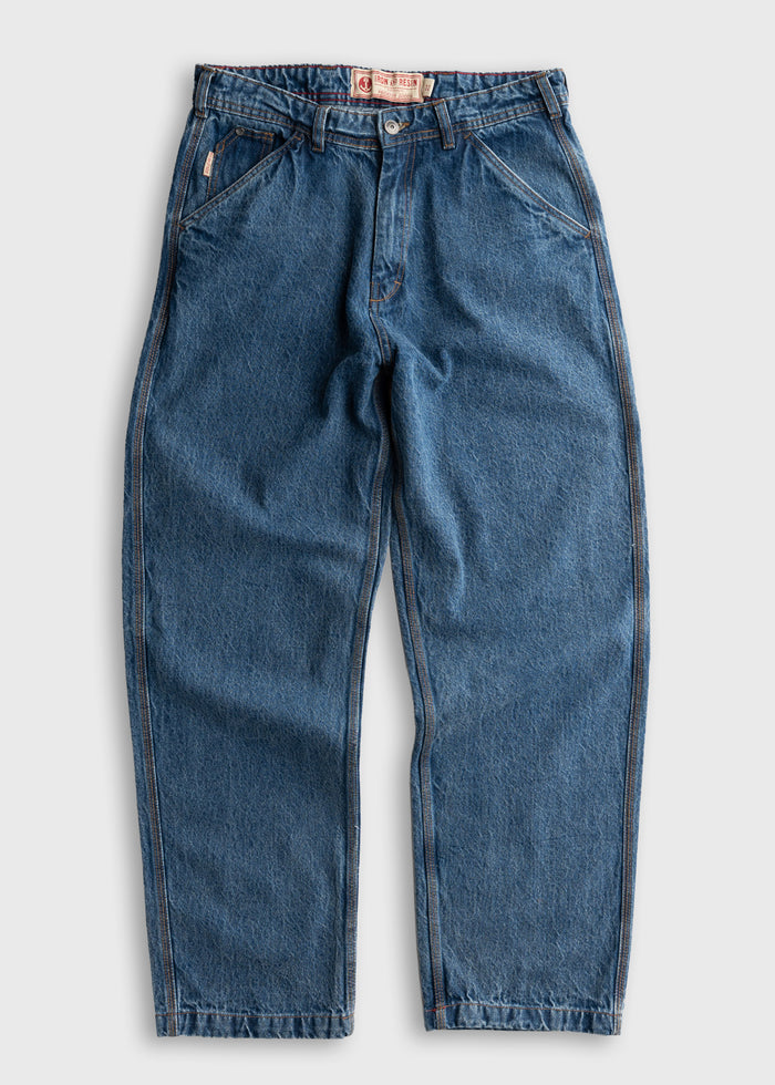 Blue denim jeans with a relaxed fit, featuring a button closure and front pockets, displayed on a plain white background.