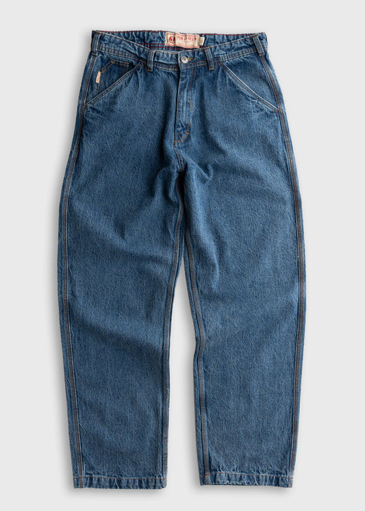 Blue denim jeans with a relaxed fit, featuring a button closure and front pockets, displayed on a plain white background.
