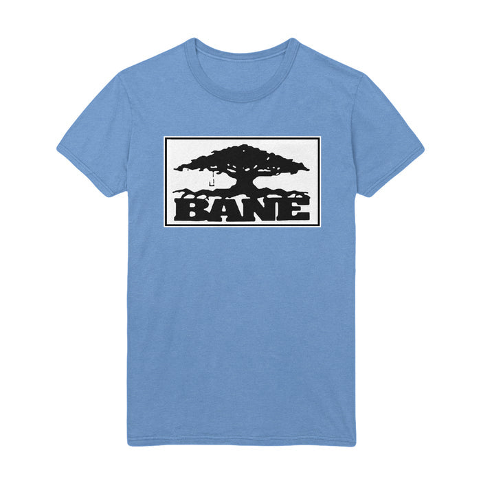 Light blue t-shirt with white box in center of shirt towards the top. Box has a silhouette drawing of a black tree with the text "BANE" right below it in a bold black font.