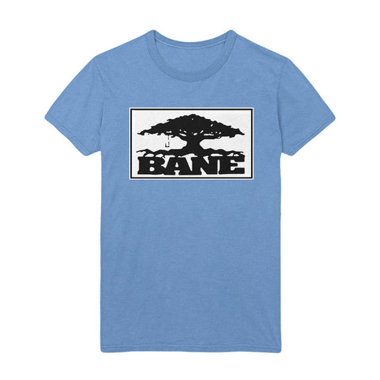 Light blue t-shirt with white box in center of shirt towards the top. Box has a silhouette drawing of a black tree with the text "BANE" right below it in a bold black font.