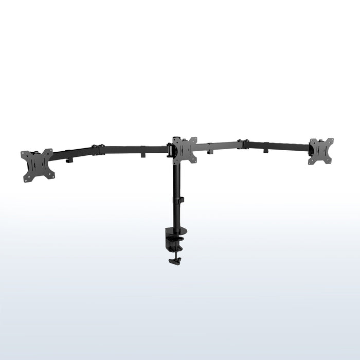 Sturdy height adjustable triple monitor desk mount.